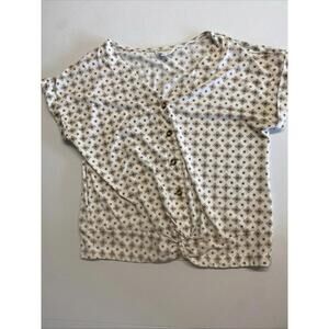 Women’s Flower & Feather Blouse Cream Geometric Print Dots Knit Top L VTG Look